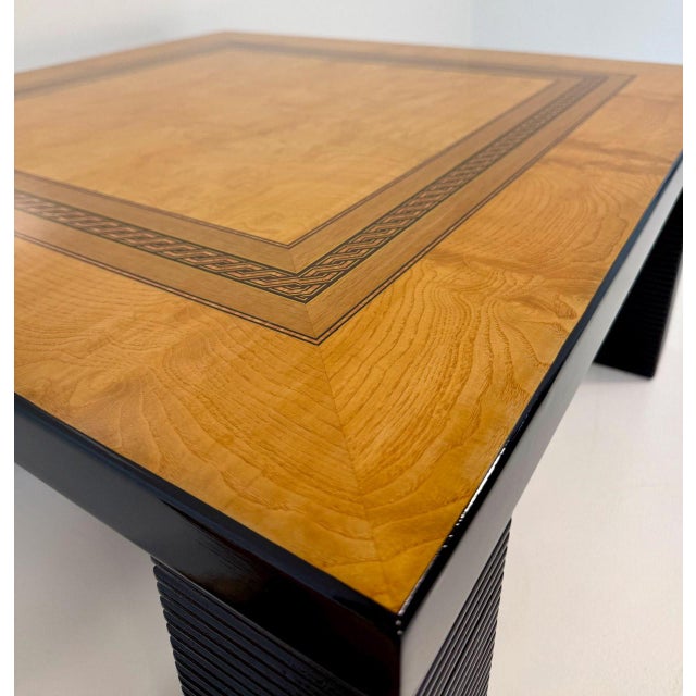 Coffee Table in Ash Burl, Wood Inlay and Black Lacquer, 1980s For Sale - Image 9 of 15
