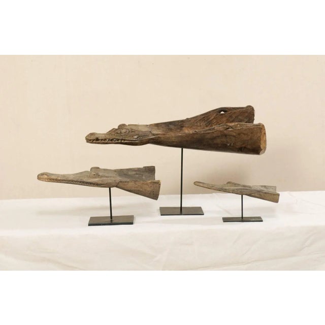 Figurative Carved Wood Crocodile Head Boat Prows on Stands, Papua New Guinea - Set of 3 For Sale - Image 3 of 11