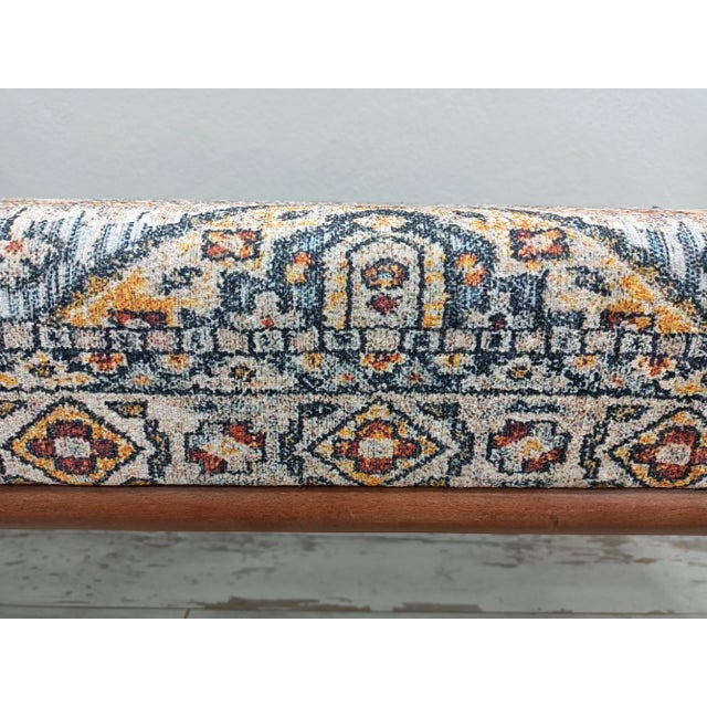 Cerulean Bohemian Handmade Rug Print Fabric Upholstered Ottoman Bench For Sale - Image 8 of 11