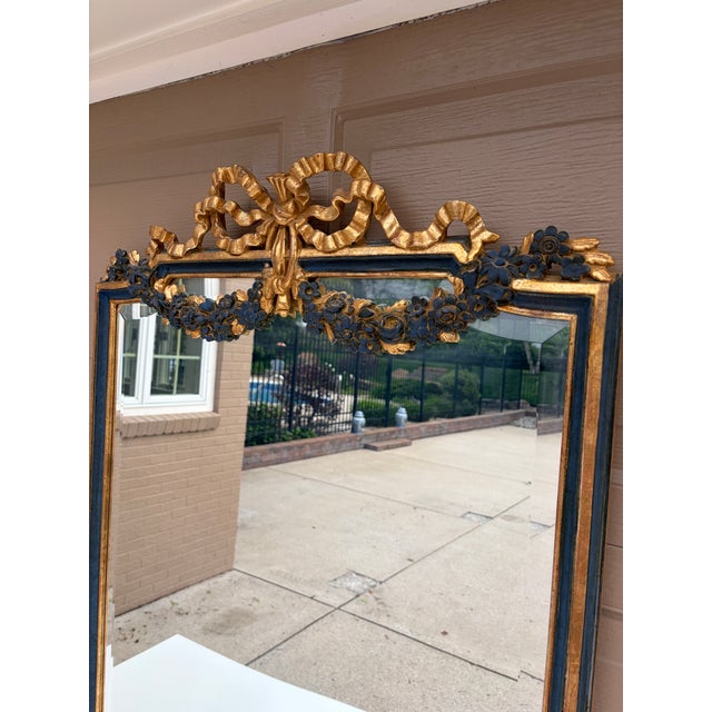 Late 20th Century Italian Giltwood Mirror With Blue Painted Details and Floral Swags For Sale - Image 4 of 12