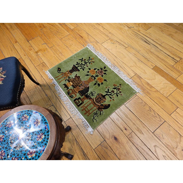 Pair of Vintage Chinese Art Deco Pictorial Rugs, Silk & Wool, Vase Motif, 2' x 3' For Sale - Image 4 of 12