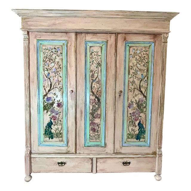 Large Vintage Painted Pine Wardrobe with Chinoiserie Panels, 1940s For Sale