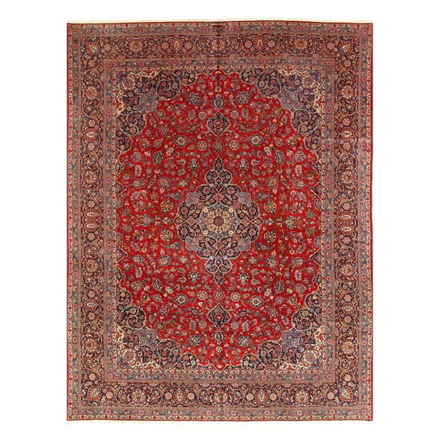 Red Semi Vintage Persian Hand Knotted Fine Kashan 10'8'' X 14'1'' For Sale - Image 4 of 4