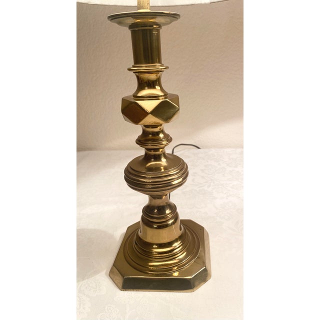 Brass Solid Brass Mid 20th Century Uniquely Intricate Candlestick Style Pair of Lamps Excellent Condition. For Sale - Image 8 of 12