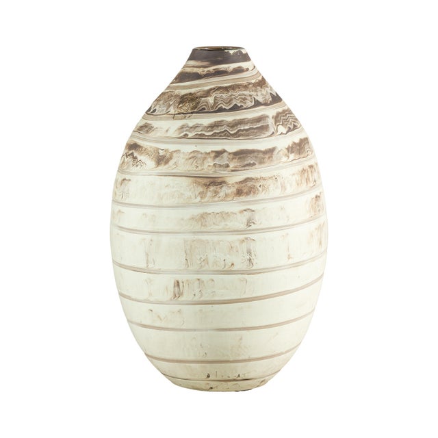Large Artisan Cream Glazed Ceramic Vase with Brown Striated Bands For Sale - Image 9 of 17