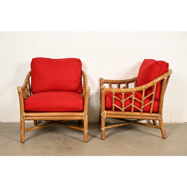 McGuire Mid-Century Hollywood Regency Bamboo Rattan Lounge Chairs, Pair For Sale - Image 9 of 12