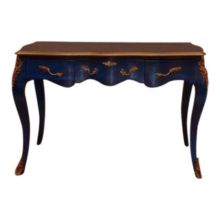 Blue With Gold Louis XV Antique Style Desk with Chair - 2 Pieces For Sale