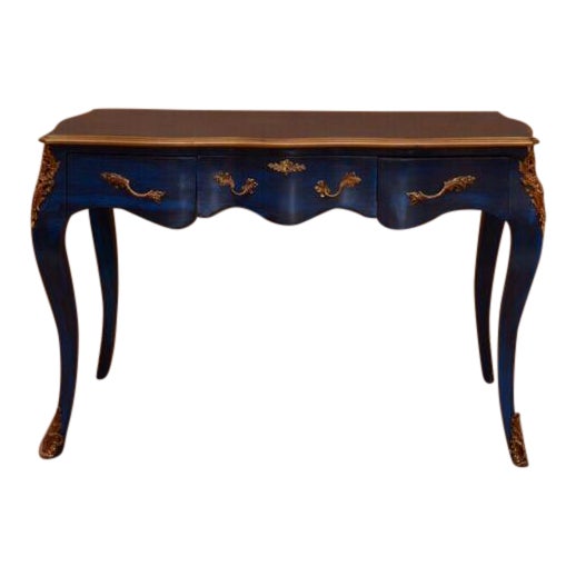 Blue With Gold Louis XV Antique Style Desk with Chair - 2 Pieces For Sale