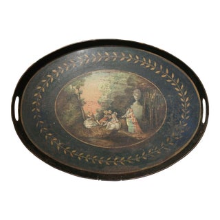 19th Century French Napoleon III Hand Painted Romantic Scene Oval Tole Tray For Sale