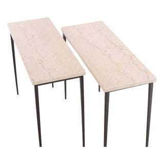 Pair of Iron and Italian Botticino Marble Console Tables For Sale