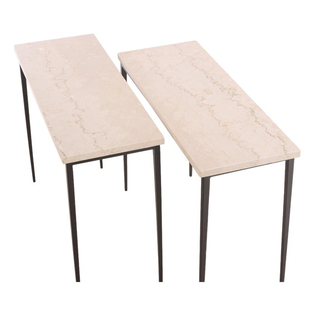 Pair of Iron and Italian Botticino Marble Console Tables For Sale