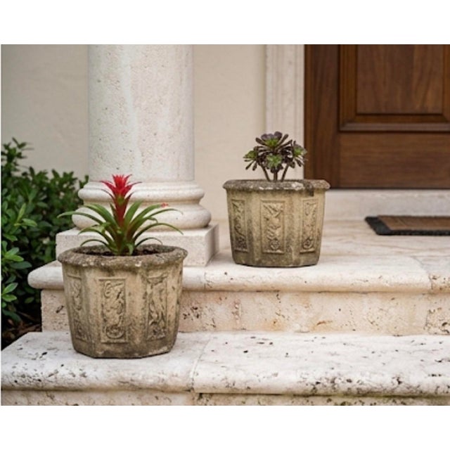 Pair of Vintage Hexagonal Cast Stone Garden Planters With Relief Wildlife Panels For Sale - Image 11 of 12