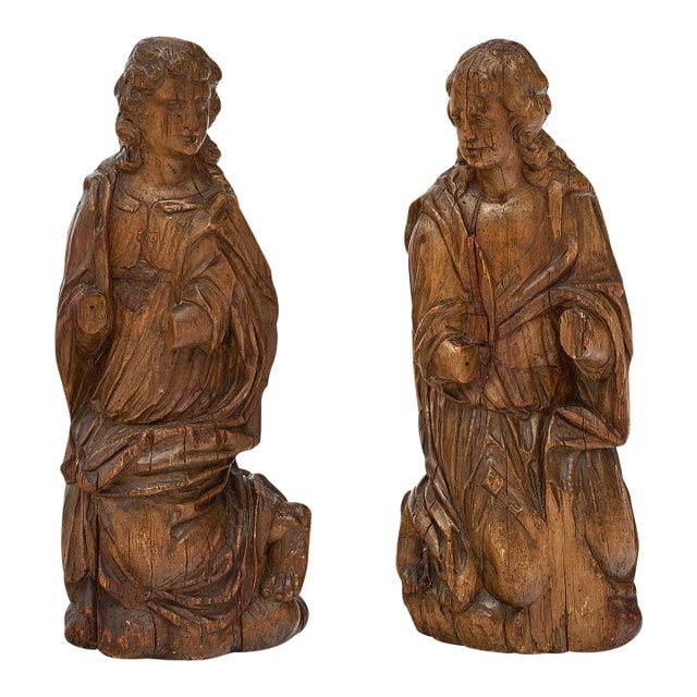 French Antique Oak Statues - Set of 2 For Sale