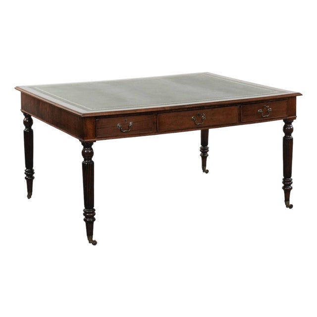 Antique English Style Writing Partner Desk with 6 Drawers and Dark Green Leather Top, Early 20th Century For Sale