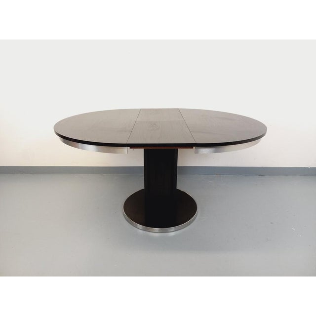 Vintage Round Dining Table in Black Wood-Effect Melamine and Chrome Metal, Space Age/1970s Style, with Integrated Extension For Sale - Image 15 of 18