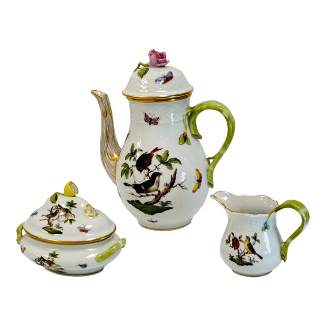 1990s Herend Rothschild Bird Coffee Pot, Creamer and Mini (Sugar) Tureen - Set of 3 For Sale
