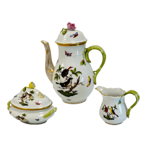 1990s Herend Rothschild Bird Coffee Pot, Creamer and Mini (Sugar) Tureen - Set of 3