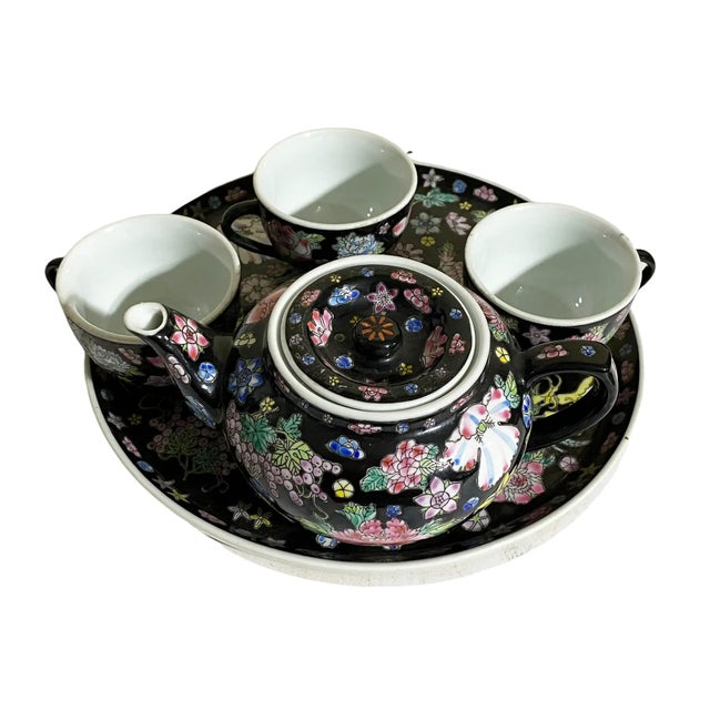 Superb 1960's Chinese Factory # 9 Jingdezhen Famille Noire Tea Set composed of 5 pieces : a lidded tea pot 3.25" h by...