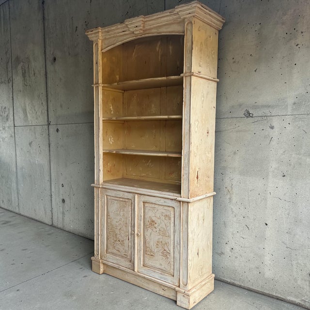 Italian French Style Rustic Chinoiserie Bookcase Cabinet W/ Landscape Panels For Sale - Image 4 of 8