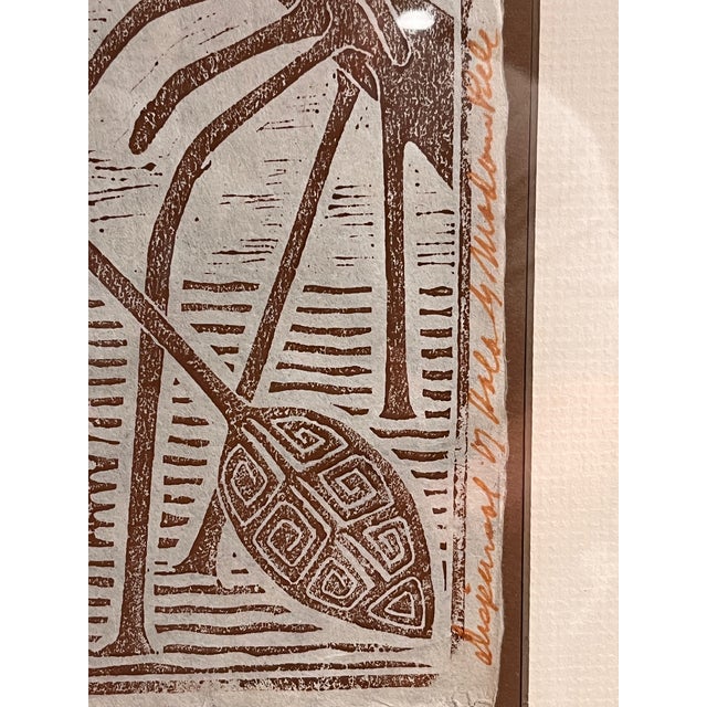 Up for sale is a striking vintage mid-century style relief woodcut print depicting a Pacific Islander / Polynesian figure...