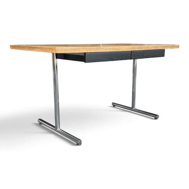 Wood Vintage Mid-Century Modern Oak Writing Desk With Black Drawers & Chrome Base For Sale - Image 7 of 15