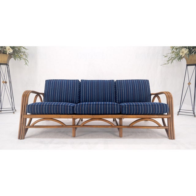 1970s Striped Blue Upholstery Bamboo Frame Mid Century Modern Sofa MINT! For Sale - Image 14 of 17