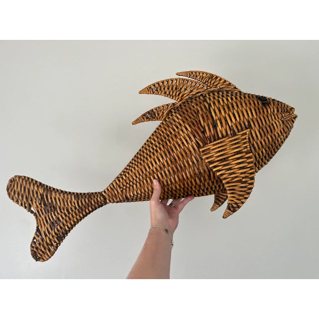 Wood Vintage Metal-Framed Woven Rattan or Wicker Fish Large Nautical Beach Decor For Sale - Image 7 of 7