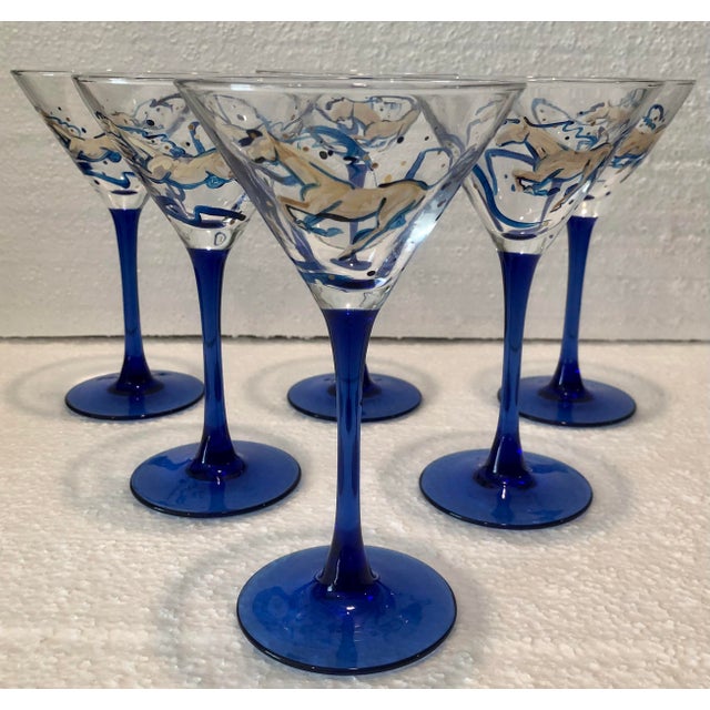 Mid Century French Blue Hand Painted Equestrian Horse Martini Glasses - Set of 6 For Sale - Image 4 of 10