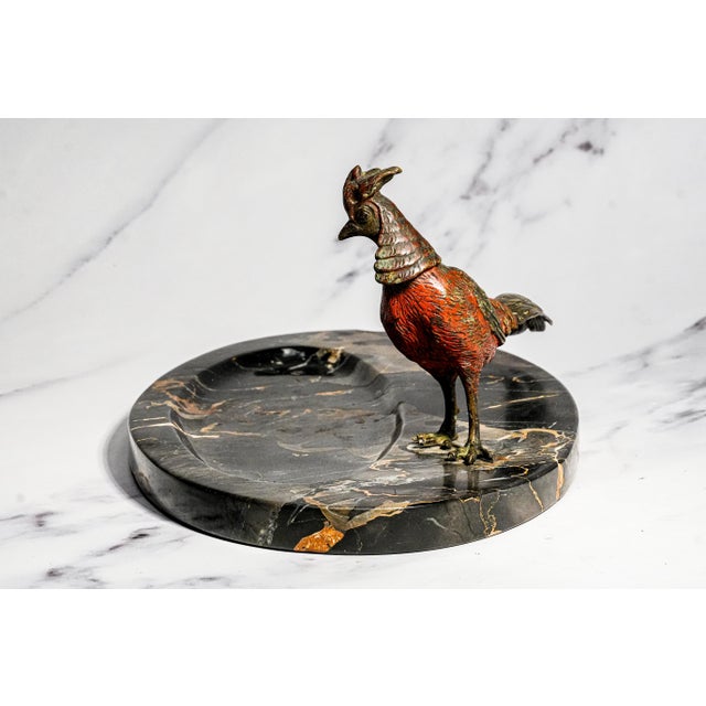 Impressive Antique Austrian Bronze Pheasant Sculpture Statue Black Veined Marble Desk Dresser Tray Catchall Art Deco Home Decor For Sale - Image 16 of 17