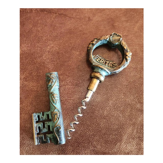 1950s European Bronze Key Corkscrew Wine Bottle Opener In Vino Worms Germany Veritas stamped 5.5 T x 2 W x .5 d Original...