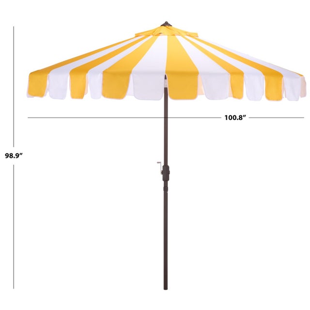 Modern Meze 9 Ft Crank Umbrella, Yellow Cabana Stripe/Brown Pole For Sale - Image 3 of 9