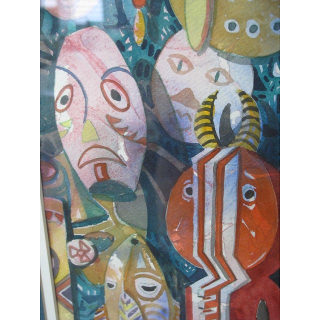 Linda Morgan Colorful Abstract Contemporary Watercolor Painting Masks For Sale In Portland, OR - Image 6 of 9