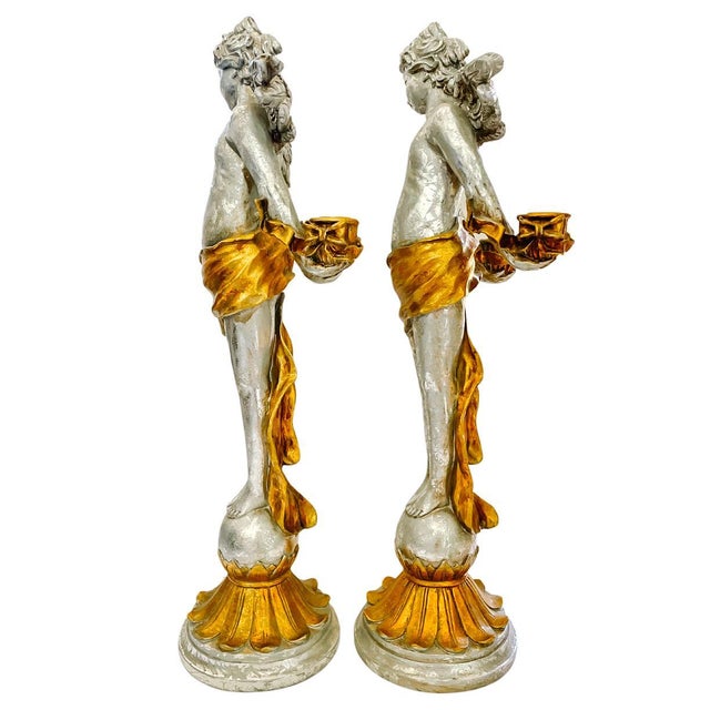 Monumental 24" Italian Baroque Style Silvered & Parcel-Gilt Cherub Candleholders - A Pair For Sale - Image 4 of 10
