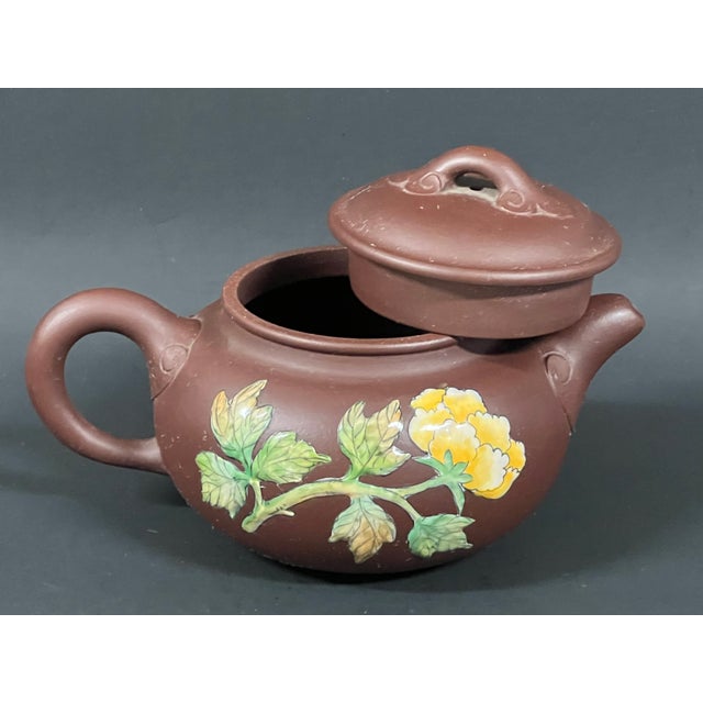Late 20th Century Chinese Art Yixing Clay Teapot With Enamel Flower Design For Sale In New York - Image 6 of 10