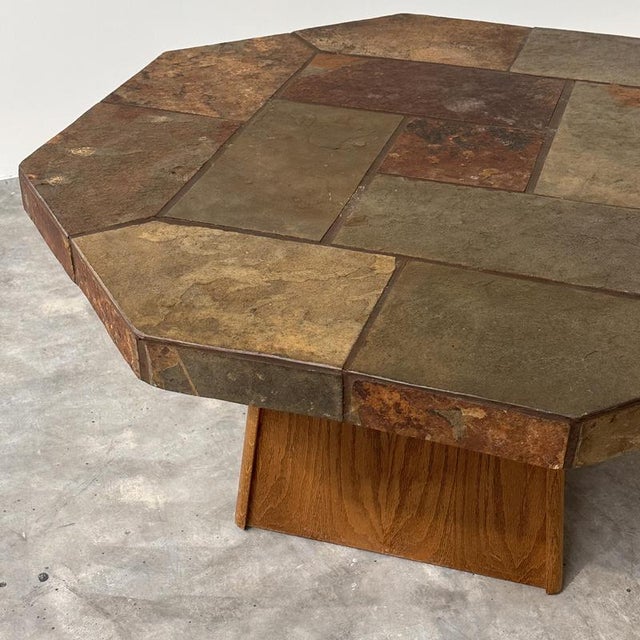 Large Vintage Brutalist Slate Mosaic Coffee Table with Oak Pedestal Base For Sale - Image 14 of 16