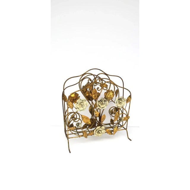 Gold Italian Gold Gilt Magazine Holder Rack with Flowers and Leaves, 1950s For Sale - Image 8 of 13