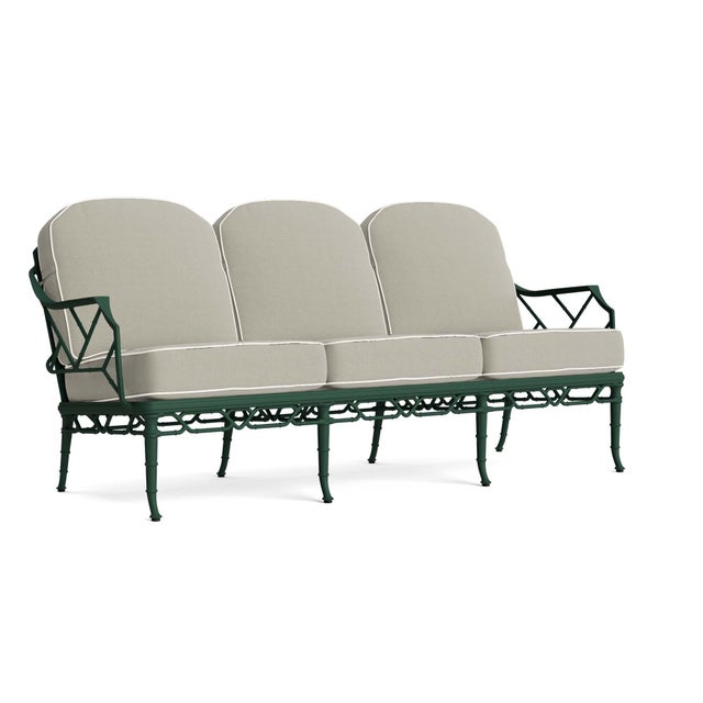 Brown Jordan Calcutta Sofa in Forest Green with Forest Green and Sea Salt Welt Cushions For Sale