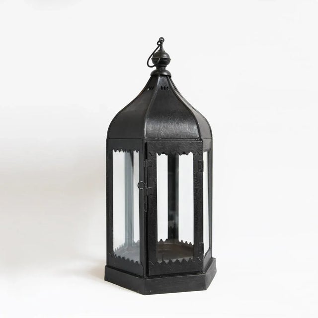 Beautiful hand crafted Moorish style black iron and clear glass table or floor lantern / candle holder. Subtle etched...