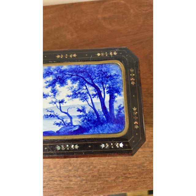 Antique Victorian Jewelry Box Blue Porcelain Landscape Inlay Mother of Pearl Marquetry Wood Trinket Casket For Sale - Image 11 of 14