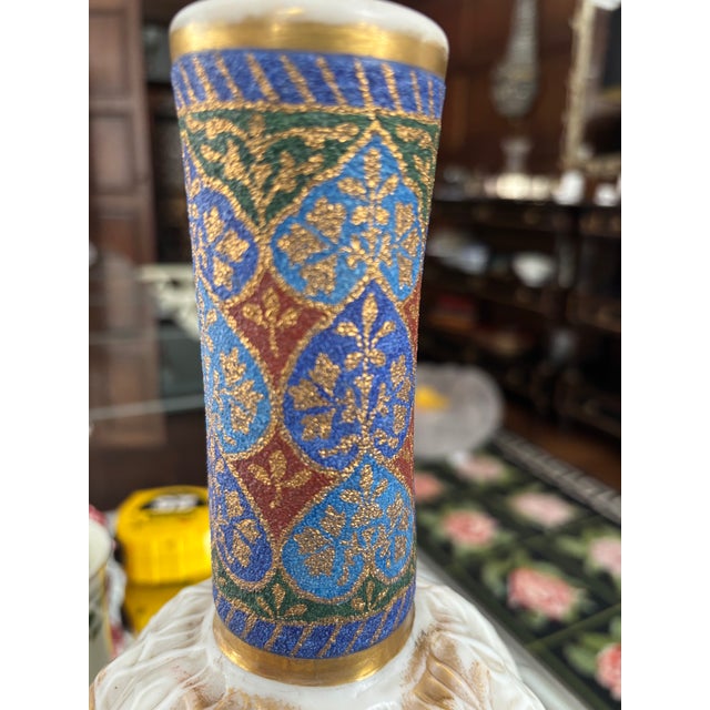 Tall Art Glass Vase With Melon Ribbing, Gilt and Enamel Opal Glass Attributed to Harrach, 1880s-1920's. For Sale - Image 10 of 15