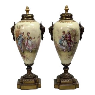 Pair of Antique French A. Daret Hand-Painted Porcelain & Gilt Bronze (Ormolu) Covered Urns With Romantic Rococo Scenes – 16" For Sale