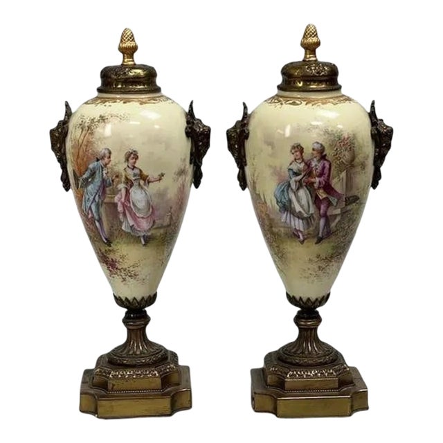 Pair of Antique French A. Daret Hand-Painted Porcelain & Gilt Bronze (Ormolu) Covered Urns With Romantic Rococo Scenes – 16" For Sale