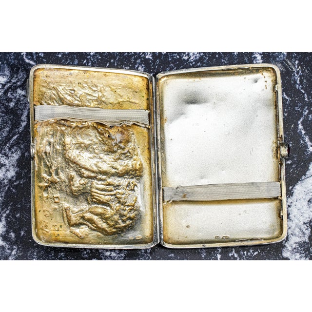 Exceptional Art Nouveau Antique Cigarette Case 875 Sterling Silver Bear Design Ruby Eyes Diamond Accent For Sale - Image 13 of 18