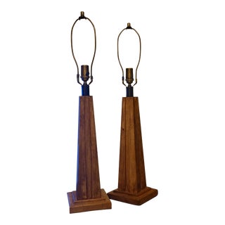 A Pair of 1960s Oak Obelisk Table Lamps For Sale