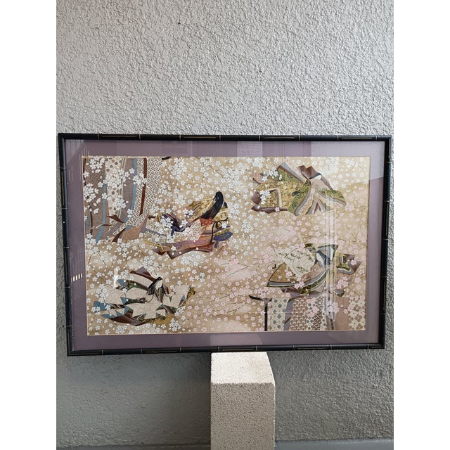 1960s Japanese Yuzen Paper Art Panel - Court Princesses & Cherry Blossoms For Sale - Image 9 of 9