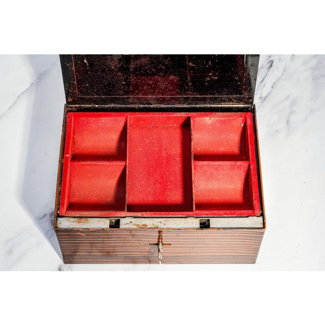 Amazing Antique Painted Faux Wood Metal Lock Strong Box With Key Home Office Decor For Sale - Image 10 of 16