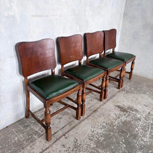 Arts and Crafts Art Deco Oak Dining Chairs with Green Vinyl Seats, Set of 4 For Sale - Image 4 of 9