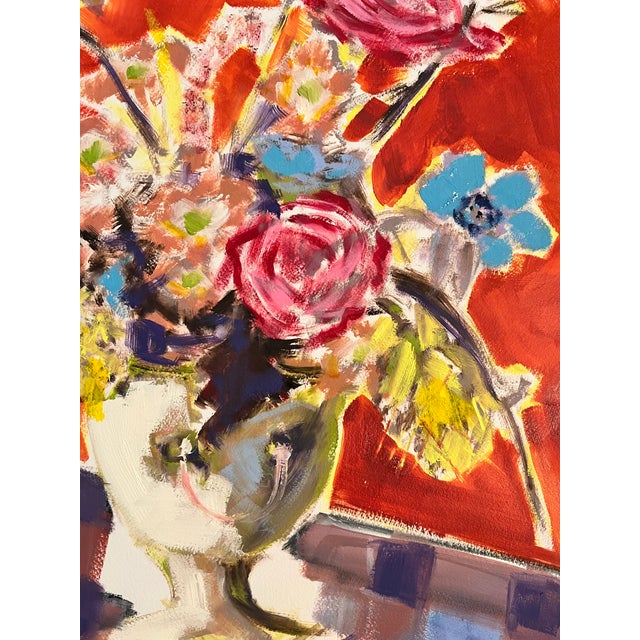 Boho Chic Still Life Painting "Gingham Flowers" Original by Shann Spishak For Sale - Image 3 of 6