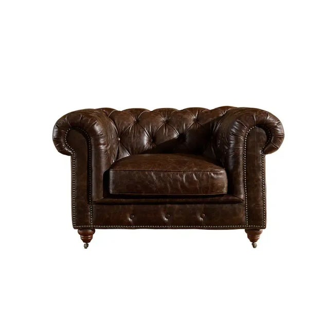 Duplicate Crafters and Weavers Century Dark Brown Leather Chesterfield Armchair For Sale - Image 4 of 6