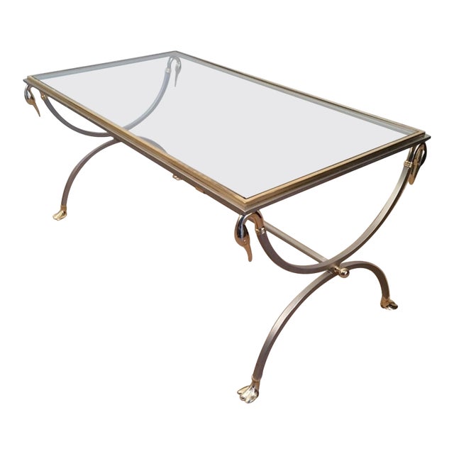 Attributed to Maison Jansen, Brushed Steel & Brass Coffee Table with Swanheads For Sale